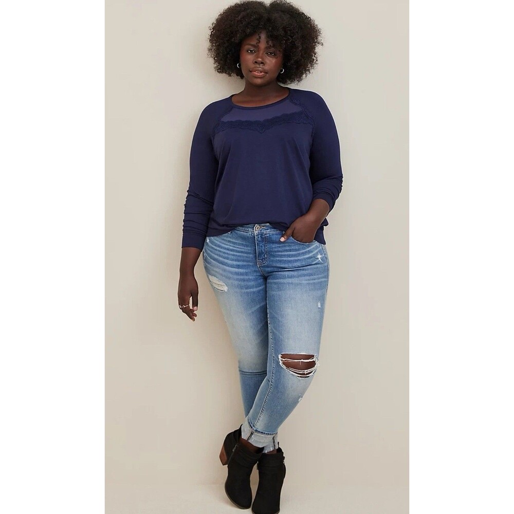 Torrid LT WT FRENCH TERRY CREW NECK Lace INSET RAGLAN SWEATSHIRT 1 1X‎ XXL Navy